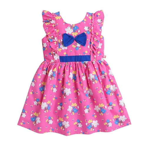 Girls Fit And Flare Cotton Floral Print Sleeveless Ruffled Knee-Length Dress