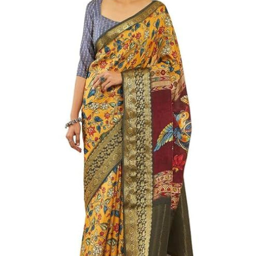 Soch Womens Mustard Crepe Saree With Floral Kalamkari Print And Zari Borders