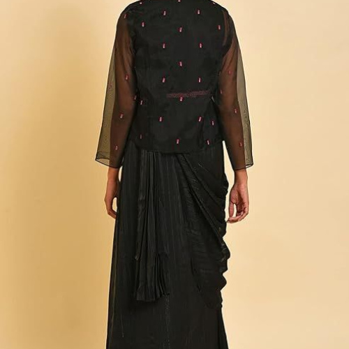 Wishful Women's Polyester Black Festive PreDrape Saree with Short Jacket Calf Length Dress