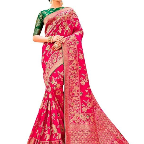 Monjolika Fashion Women's Banarasi Silk Blend Woven Zari With Tussles Saree and Jacquard Woven Blouse Piece