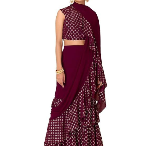 Indya Women's Polyester Foil Print Ready to Wear Saree